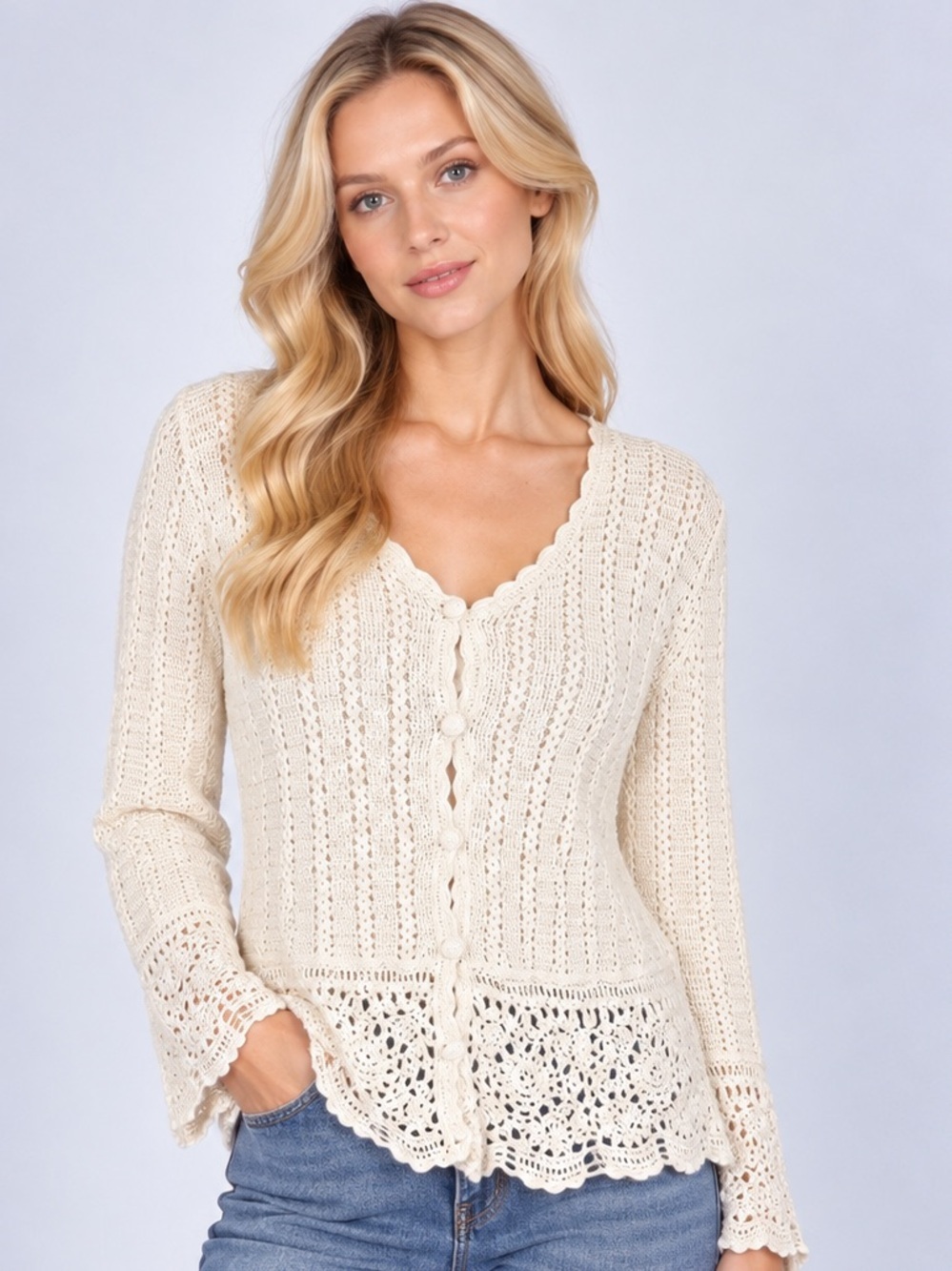 Vtg Celina Yang Ivory Crochet Cardigan Sweater Open Knit Cottagecore Coquette M